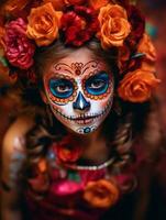 kid in Day of the Dead makeup with playful emotional dynamic pose AI Generative photo