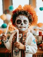 kid in Day of the Dead makeup with playful emotional dynamic pose AI Generative photo