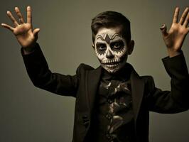 kid in Day of the Dead makeup with playful emotional dynamic pose AI Generative photo