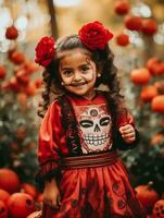 kid in Day of the Dead makeup with playful emotional dynamic pose AI Generative photo