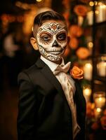 kid in Day of the Dead makeup with playful emotional dynamic pose AI Generative photo