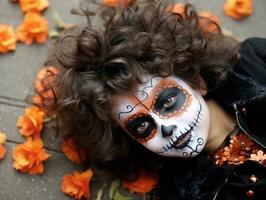 kid in Day of the Dead makeup with playful emotional dynamic pose AI Generative photo