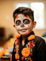 niño en día de el muerto maquillaje con juguetón emocional dinámica actitud ai generativo foto