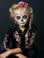 kid in Day of the Dead makeup with playful emotional dynamic pose AI Generative photo