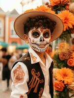 kid in Day of the Dead makeup with playful emotional dynamic pose AI Generative photo