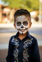 kid in Day of the Dead makeup with playful emotional dynamic pose AI Generative photo