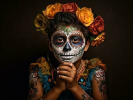 niño en día de el muerto maquillaje con juguetón emocional dinámica actitud ai generativo foto