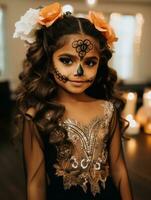 kid in Day of the Dead makeup with playful emotional dynamic pose AI Generative photo