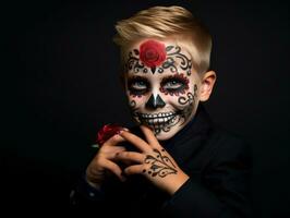 kid in Day of the Dead makeup with playful emotional dynamic pose AI Generative photo