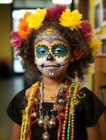 kid in Day of the Dead makeup with playful emotional dynamic pose AI Generative photo