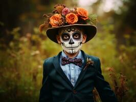 niño en día de el muerto maquillaje con juguetón emocional dinámica actitud ai generativo foto