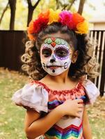 kid in Day of the Dead makeup with playful emotional dynamic pose AI Generative photo