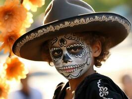 kid in Day of the Dead makeup with playful emotional dynamic pose AI Generative photo