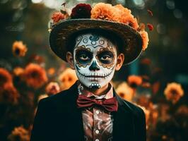 kid in Day of the Dead makeup with playful emotional dynamic pose AI Generative photo