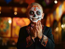 kid in Day of the Dead makeup with playful emotional dynamic pose AI Generative photo