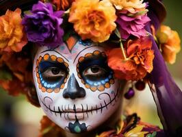 kid in Day of the Dead makeup with playful emotional dynamic pose AI Generative photo