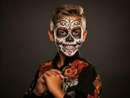 kid in Day of the Dead makeup with playful emotional dynamic pose AI Generative photo