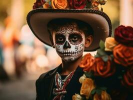 kid in Day of the Dead makeup with playful emotional dynamic pose AI Generative photo