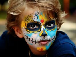 kid in Day of the Dead makeup with playful emotional dynamic pose AI Generative photo