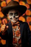 niño en día de el muerto maquillaje con juguetón emocional dinámica actitud ai generativo foto