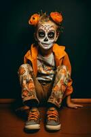 kid in Day of the Dead makeup with playful emotional dynamic pose AI Generative photo