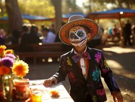 kid in Day of the Dead makeup with playful emotional dynamic pose AI Generative photo