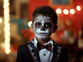 niño en día de el muerto maquillaje con juguetón emocional dinámica actitud ai generativo foto