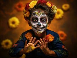 kid in Day of the Dead makeup with playful emotional dynamic pose AI Generative photo