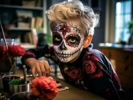 kid in Day of the Dead makeup with playful emotional dynamic pose AI Generative photo