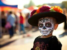 kid in Day of the Dead makeup with playful emotional dynamic pose AI Generative photo