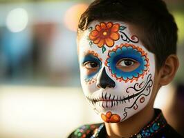 kid in Day of the Dead makeup with playful emotional dynamic pose AI Generative photo