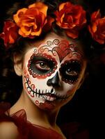 kid in Day of the Dead makeup with playful emotional dynamic pose AI Generative photo