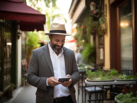 man from Colombia using smartphone for online communication AI Generative photo