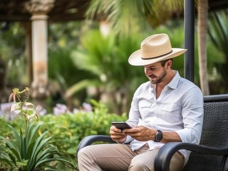 man from Colombia using smartphone for online communication AI Generative photo