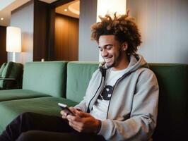 man from Colombia using smartphone for online communication AI Generative photo