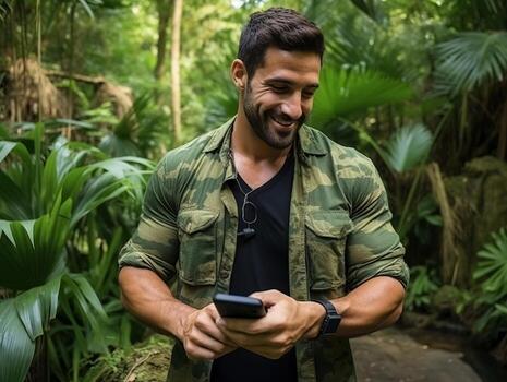 man from Colombia using smartphone for online communication AI Generative photo