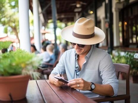 man from Colombia using smartphone for online communication AI Generative photo