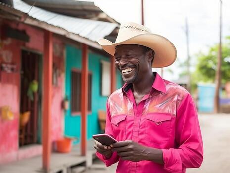 man from Colombia using smartphone for online communication AI Generative photo