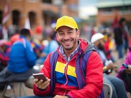 hombre desde Colombia utilizando teléfono inteligente para en línea comunicación ai generativo foto