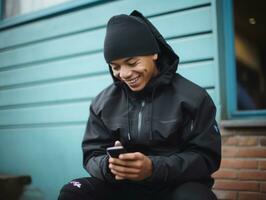 teenager from Colombia using a smartphone for playing games AI Generative photo