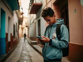 teenager from Colombia using a smartphone for playing games AI Generative photo
