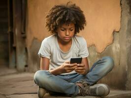 teenager from Colombia using a smartphone for playing games AI Generative photo