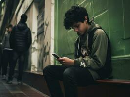 teenager from Colombia using a smartphone for playing games AI Generative photo