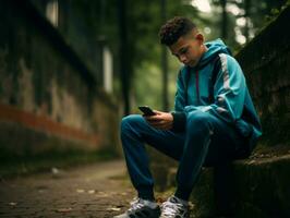 teenager from Colombia using a smartphone for playing games AI Generative photo