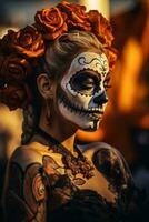 mujer en vibrante Calavera maquillaje celebra el día de muerto ai generativo foto