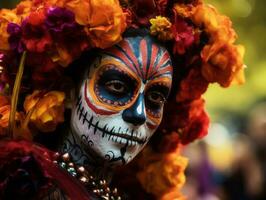 mujer en vibrante Calavera maquillaje celebra el día de muerto ai generativo foto