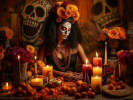 mujer en vibrante Calavera maquillaje celebra el día de muerto ai generativo foto