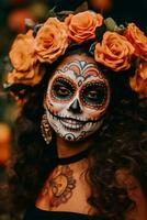 woman in vibrant calavera makeup celebrates the Day of Dead AI Generative photo