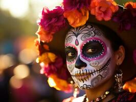 mujer en vibrante Calavera maquillaje celebra el día de muerto ai generativo foto