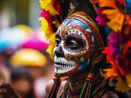 mujer en vibrante Calavera maquillaje celebra el día de muerto ai generativo foto